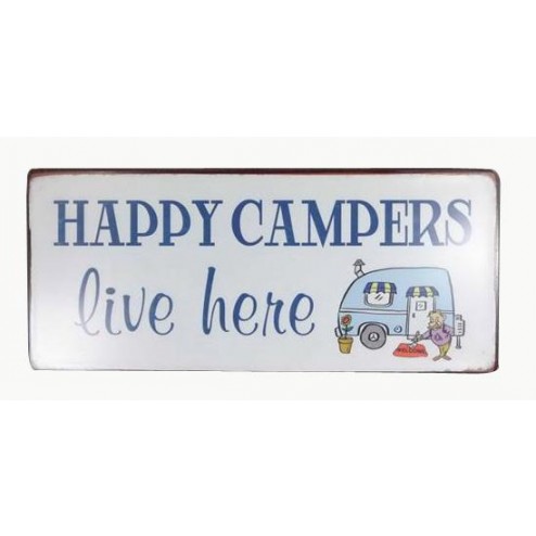 Emaljeskilt med tekst. Happy campers live here.